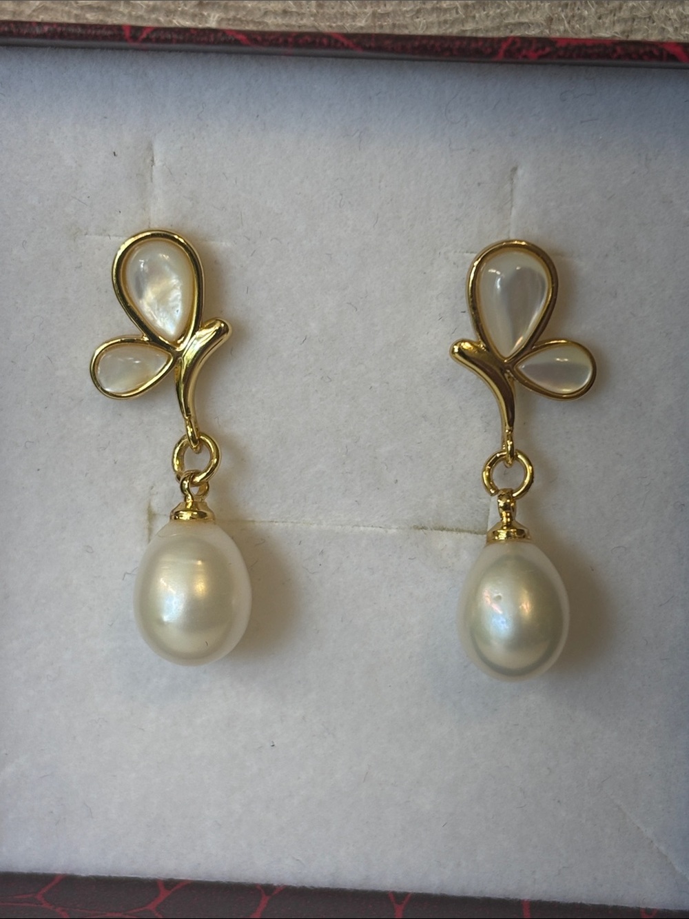 Genuine Freshwater Pearl and Mother of Pearl Gold Tone Butterfly Earrings
